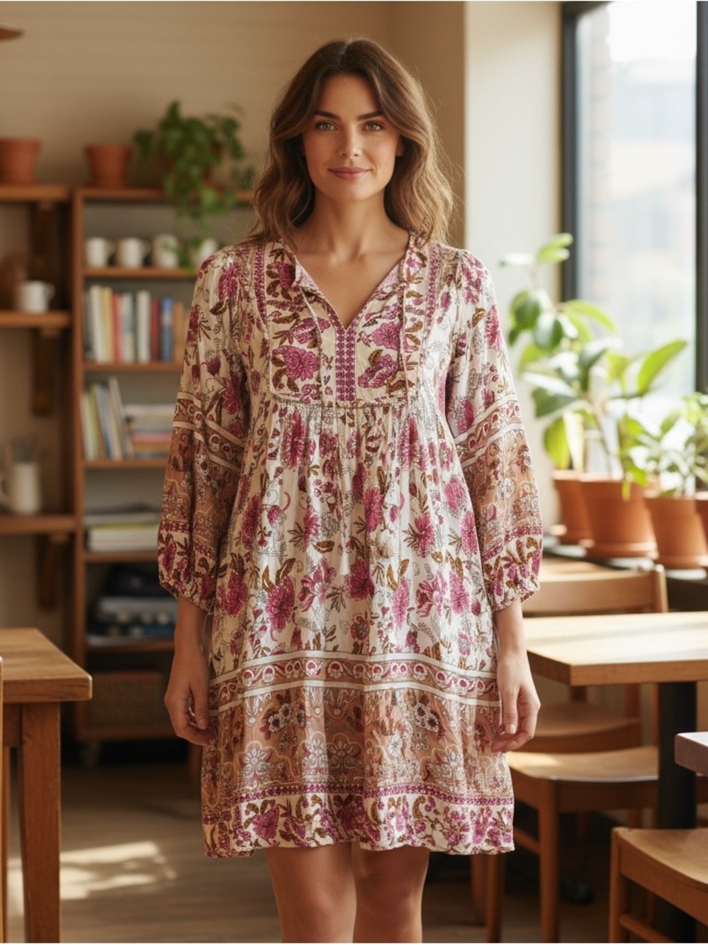 Floral V-Neck Boho Mini Dress in Pink and Cream